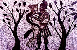 Dido and Aeneas take refuge from a storm in the cave. The scene is taken from a fourth century AD mosaic from Low Ham Roman villa, Somerset, which depicts several episodes from Virgil's Aeneid